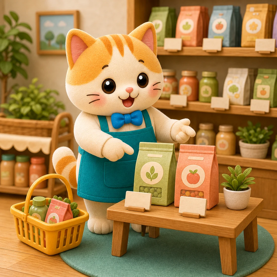 ねこのキャラクターが商品選びを手伝っているイラスト